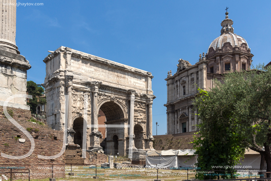 ROME, ITALY - JUNE 24, 2017: Capitoline Hill, Septimius Severus Arch at Roman Forum in city of Rome, Italy