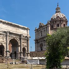 ROME, ITALY - JUNE 24, 2017: Capitoline Hill, Septimius Severus Arch at Roman Forum in city of Rome, Italy