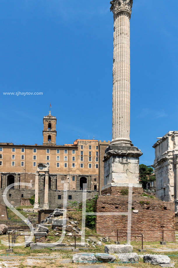 ROME, ITALY - JUNE 24, 2017: Column of Phocas at Roman Forum in city of Rome, Italy