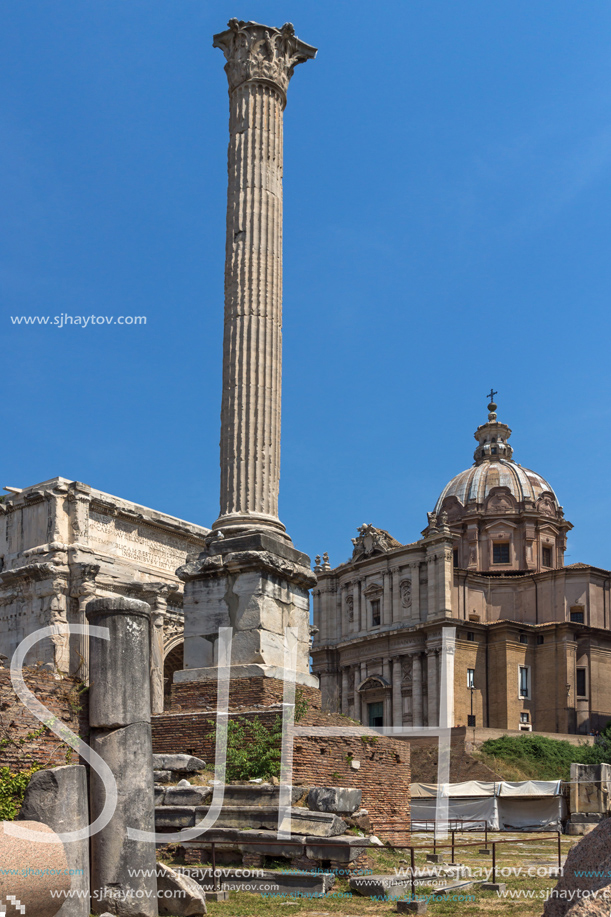 ROME, ITALY - JUNE 24, 2017: Column of Phocas at Roman Forum in city of Rome, Italy