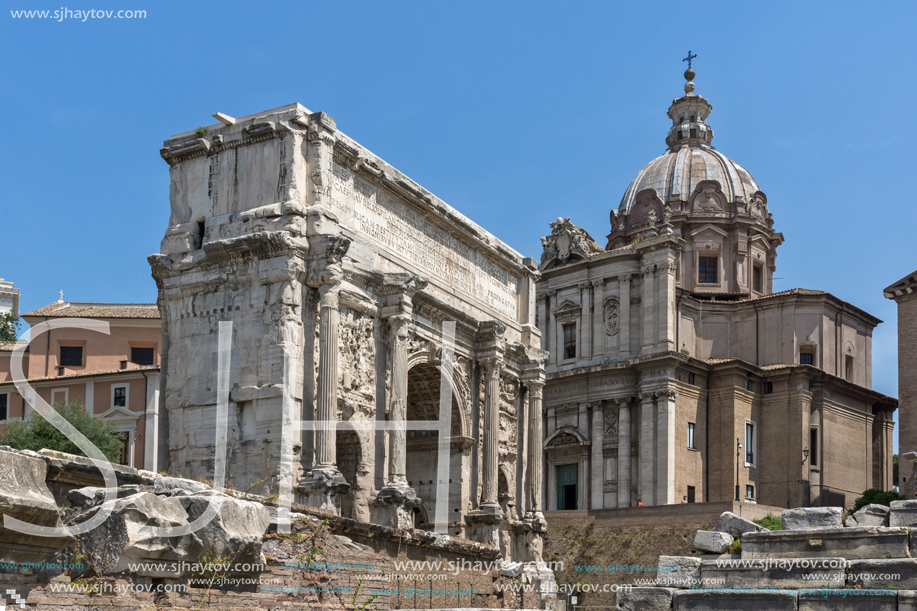 ROME, ITALY - JUNE 24, 2017: Capitoline Hill, Septimius Severus Arch at Roman Forum in city of Rome, Italy