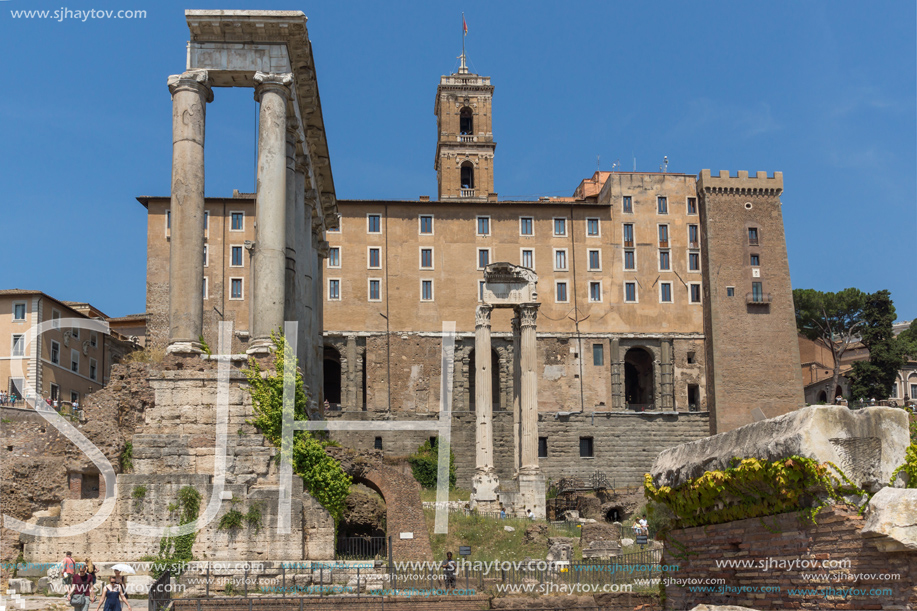 ROME, ITALY - JUNE 24, 2017: Capitoline Hill, Temple of Saturn and Capitoline Hill in city of Rome, Italy