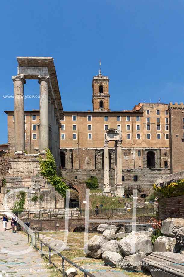 ROME, ITALY - JUNE 24, 2017: Capitoline Hill, Temple of Saturn and Capitoline Hill in city of Rome, Italy