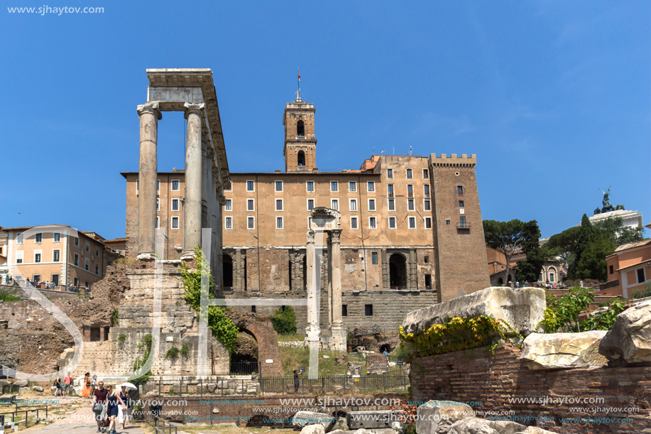 ROME, ITALY - JUNE 24, 2017: Capitoline Hill, Temple of Saturn and Capitoline Hill in city of Rome, Italy