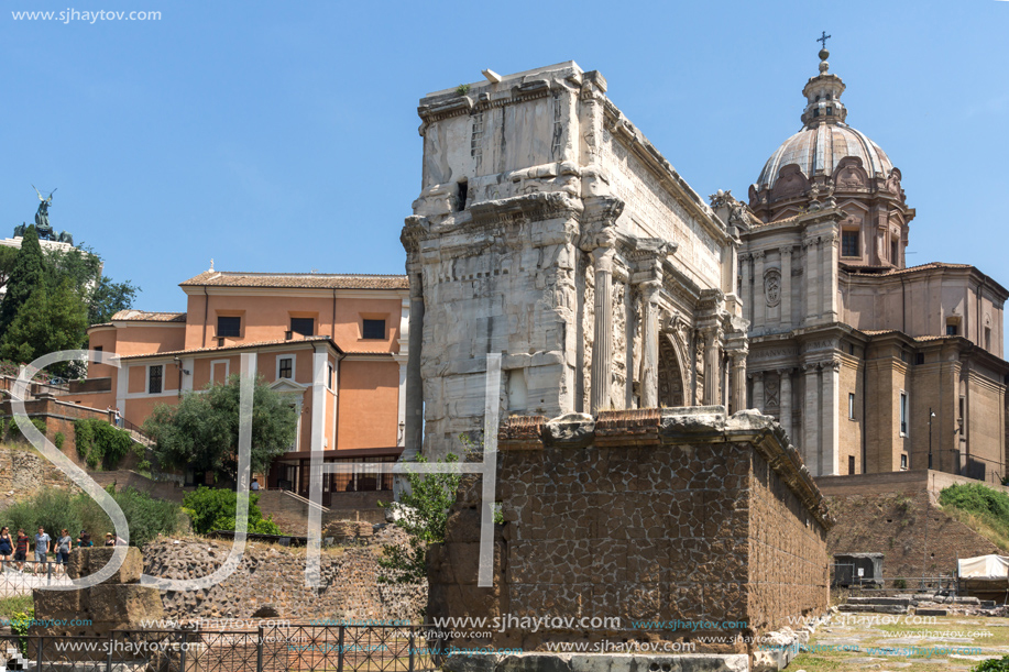 ROME, ITALY - JUNE 24, 2017: Capitoline Hill, Septimius Severus Arch at Roman Forum in city of Rome, Italy