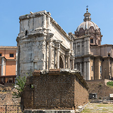 ROME, ITALY - JUNE 24, 2017: Capitoline Hill, Septimius Severus Arch at Roman Forum in city of Rome, Italy