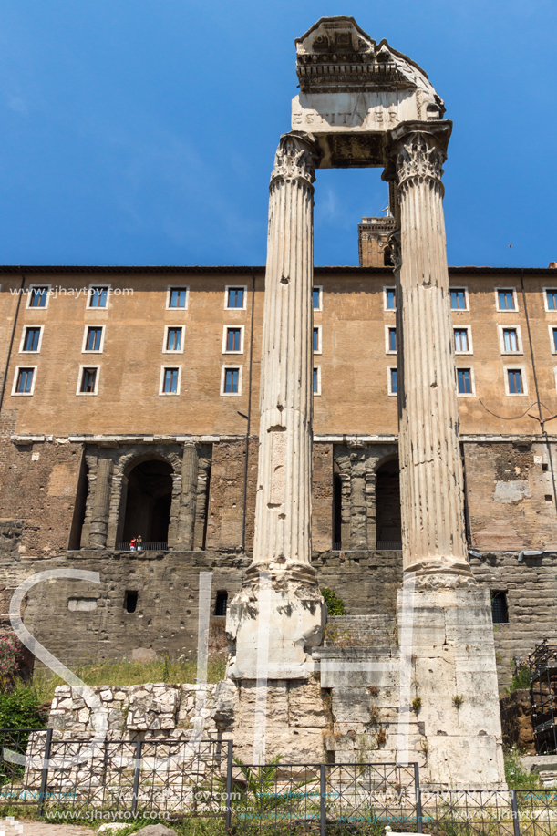 ROME, ITALY - JUNE 24, 2017: Temple of Vespasian and Titus at Roman Forum in city of Rome, Italy