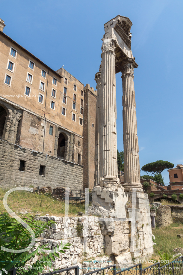 ROME, ITALY - JUNE 24, 2017: Temple of Vespasian and Titus at Roman Forum in city of Rome, Italy