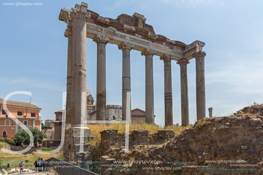 ROME, ITALY - JUNE 24, 2017: Capitoline Hill, Temple of Saturn and Capitoline Hill in city of Rome, Italy