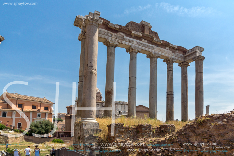 ROME, ITALY - JUNE 24, 2017: Capitoline Hill, Temple of Saturn and Capitoline Hill in city of Rome, Italy