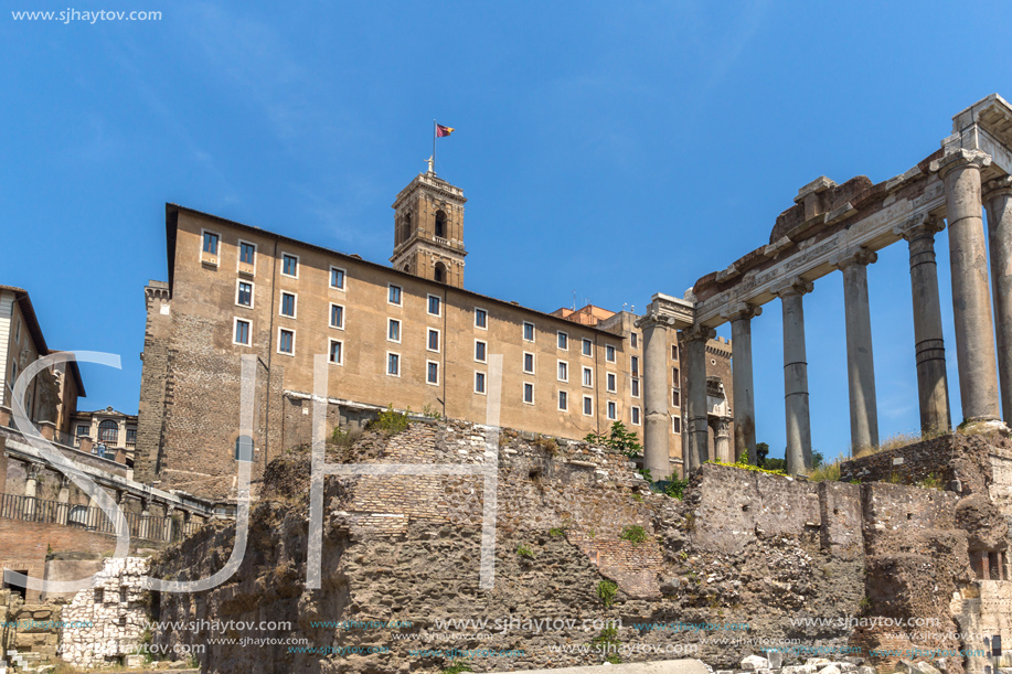 ROME, ITALY - JUNE 24, 2017: Capitoline Hill, Temple of Saturn and Capitoline Hill in city of Rome, Italy