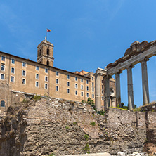 ROME, ITALY - JUNE 24, 2017: Capitoline Hill, Temple of Saturn and Capitoline Hill in city of Rome, Italy