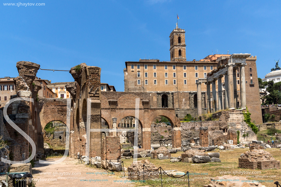 ROME, ITALY - JUNE 24, 2017: Capitoline Hill, Temple of Saturn and Capitoline Hill in city of Rome, Italy