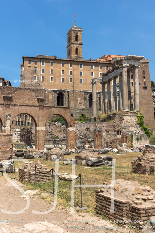 ROME, ITALY - JUNE 24, 2017: Capitoline Hill, Temple of Saturn and Capitoline Hill in city of Rome, Italy