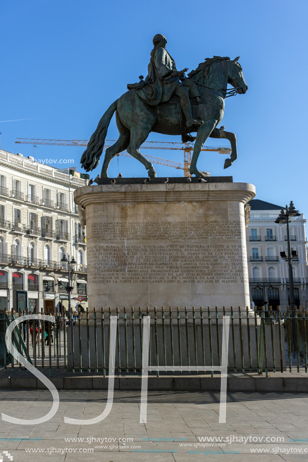 MADRID, SPAIN - JANUARY 22, 2018:  Equestrian Statue of Carlos III at Puerta del Sol in Madrid, Spain