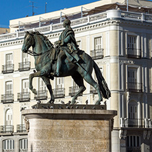 MADRID, SPAIN - JANUARY 22, 2018:  Equestrian Statue of Carlos III at Puerta del Sol in Madrid, Spain