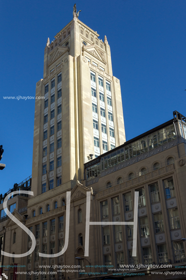 MADRID, SPAIN - JANUARY 22, 2018: Building at Alcala street in city of Madrid, Spain