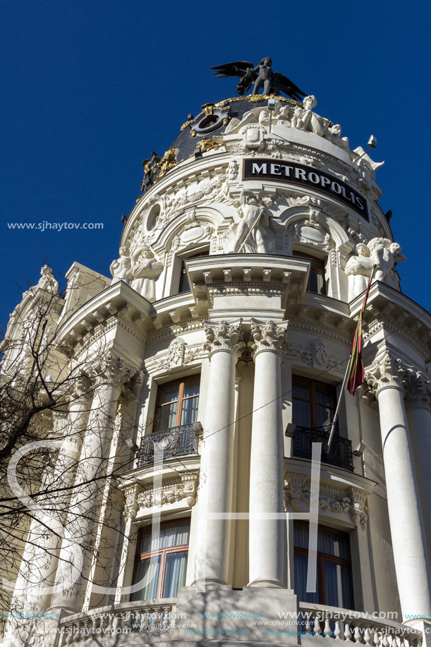 MADRID, SPAIN - JANUARY 22, 2018: Gran Via and Metropolis Building in City of Madrid, Spain