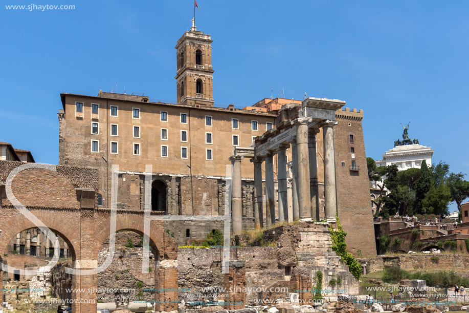 ROME, ITALY - JUNE 24, 2017: Capitoline Hill, Temple of Saturn and Capitoline Hill in city of Rome, Italy