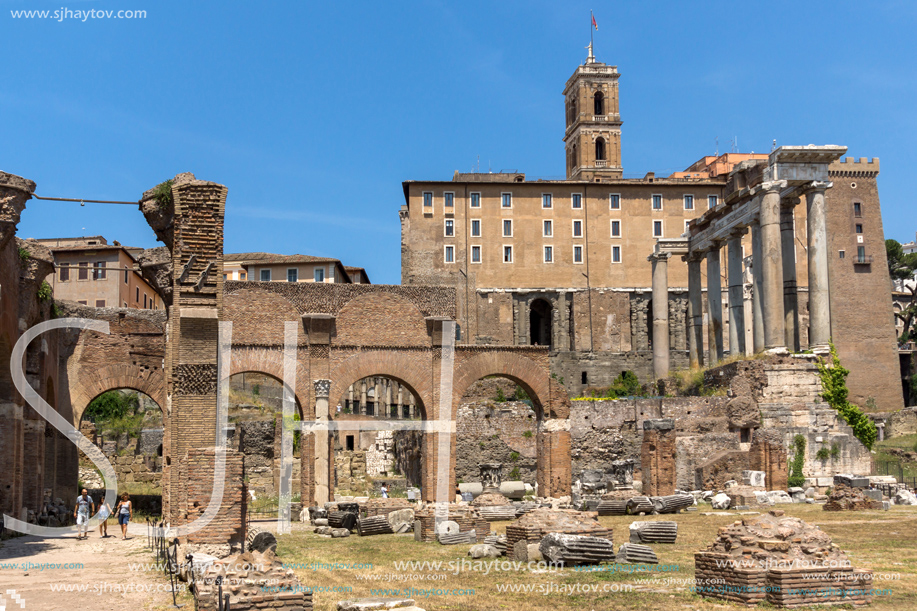 ROME, ITALY - JUNE 24, 2017: Capitoline Hill, Temple of Saturn and Capitoline Hill in city of Rome, Italy