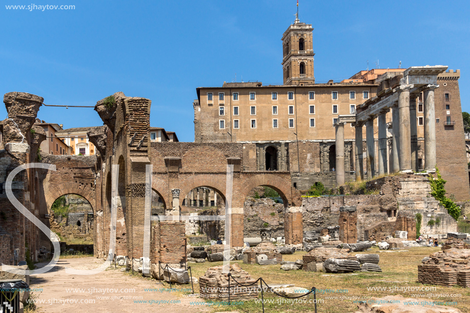 ROME, ITALY - JUNE 24, 2017: Capitoline Hill, Temple of Saturn and Capitoline Hill in city of Rome, Italy