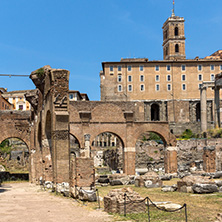 ROME, ITALY - JUNE 24, 2017: Capitoline Hill, Temple of Saturn and Capitoline Hill in city of Rome, Italy