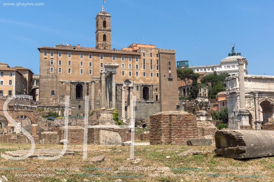 ROME, ITALY - JUNE 24, 2017: Capitoline Hill, Temple of Saturn and Capitoline Hill in city of Rome, Italy