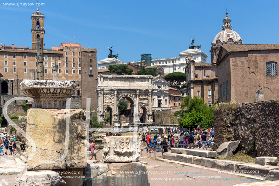 ROME, ITALY - JUNE 24, 2017: Capitoline Hill, Septimius Severus Arch at Roman Forum in city of Rome, Italy