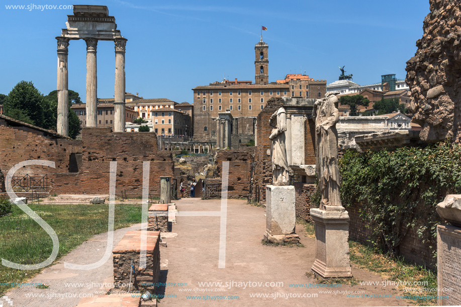 ROME, ITALY - JUNE 24, 2017: Amazing view of Temple of Vesta at Roman Forum in city of Rome, Italy