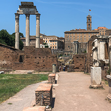 ROME, ITALY - JUNE 24, 2017: Amazing view of Temple of Vesta at Roman Forum in city of Rome, Italy