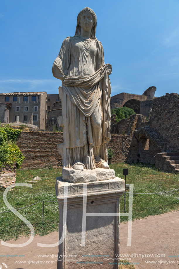 ROME, ITALY - JUNE 24, 2017: Amazing view of Temple of Vesta at Roman Forum in city of Rome, Italy