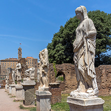 ROME, ITALY - JUNE 24, 2017: Amazing view of Temple of Vesta at Roman Forum in city of Rome, Italy