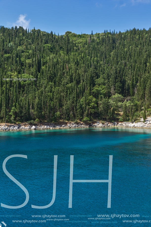 Landscape with Green Forest around Foki Fiskardo Beach, Kefalonia, Ionian islands, Greece