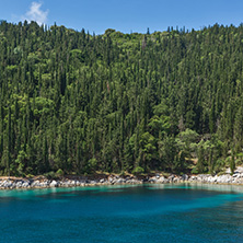 Landscape with Green Forest around Foki Fiskardo Beach, Kefalonia, Ionian islands, Greece