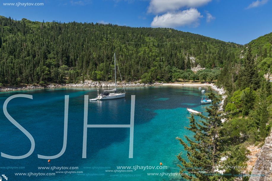 Landscape with Green Forest around Foki Fiskardo Beach, Kefalonia, Ionian islands, Greece