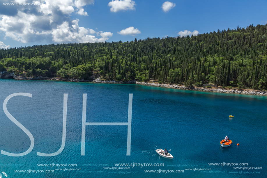 Landscape with Green Forest around Foki Fiskardo Beach, Kefalonia, Ionian islands, Greece