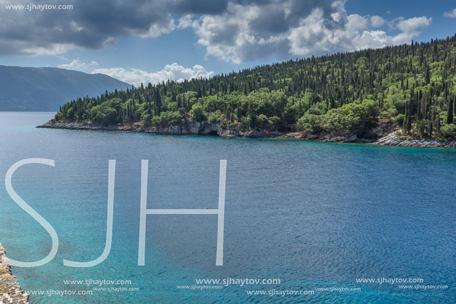 Landscape with Green Forest around Foki Fiskardo Beach, Kefalonia, Ionian islands, Greece