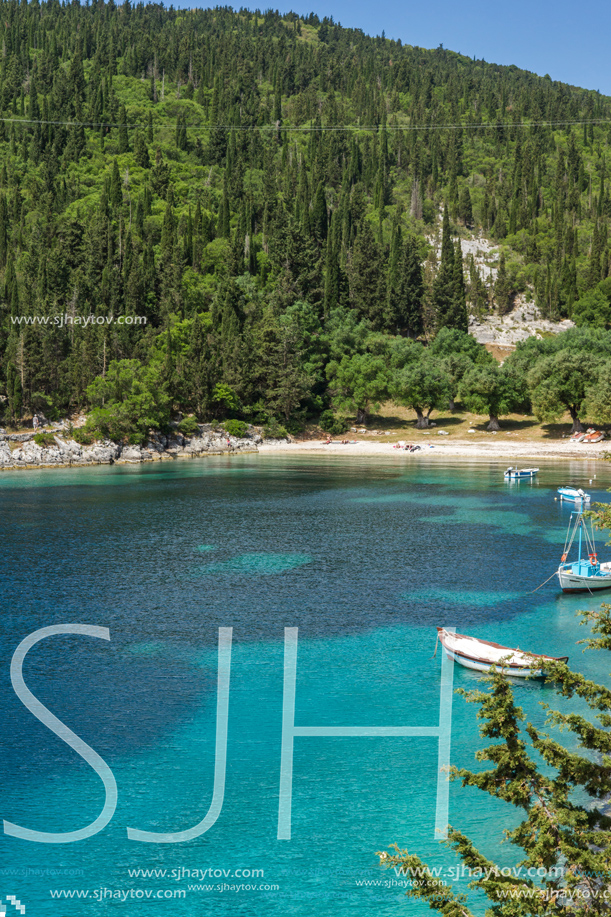 Landscape with Green Forest around Foki Fiskardo Beach, Kefalonia, Ionian islands, Greece