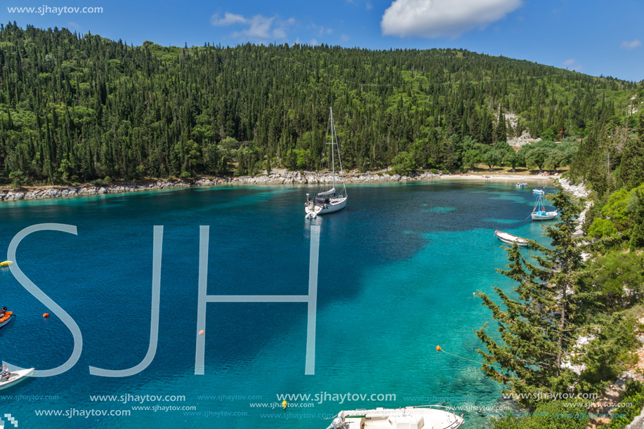 Landscape with Green Forest around Foki Fiskardo Beach, Kefalonia, Ionian islands, Greece