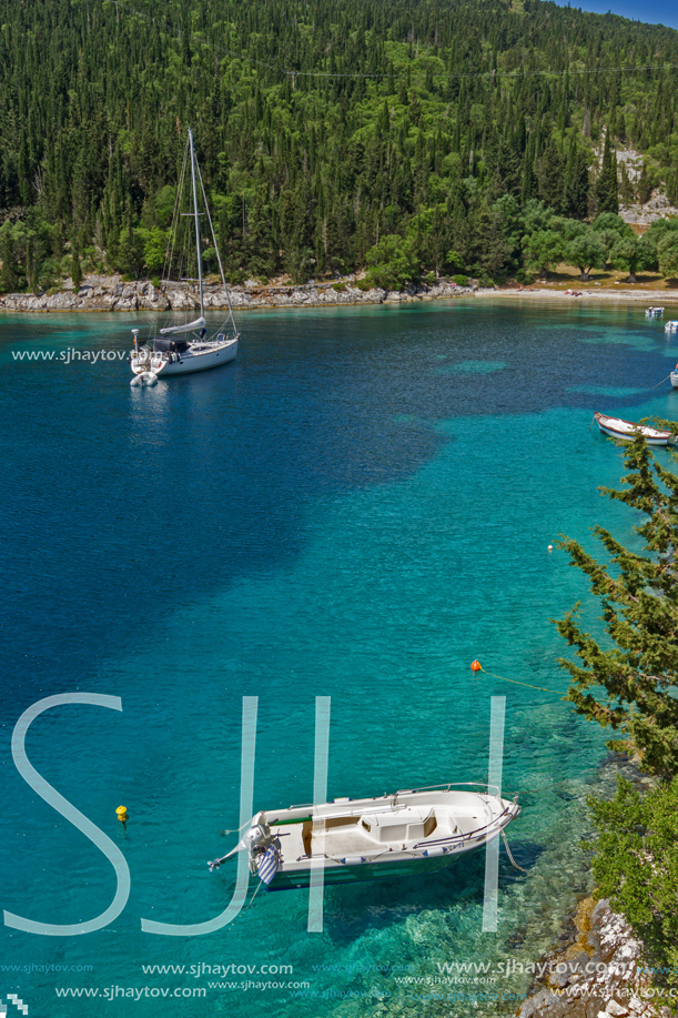 Landscape with Green Forest around Foki Fiskardo Beach, Kefalonia, Ionian islands, Greece