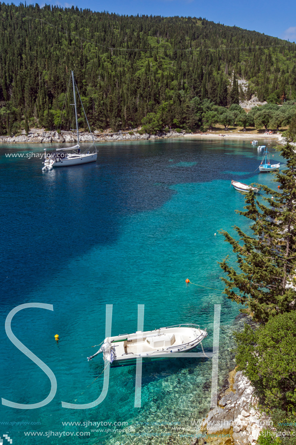 Landscape with Green Forest around Foki Fiskardo Beach, Kefalonia, Ionian islands, Greece