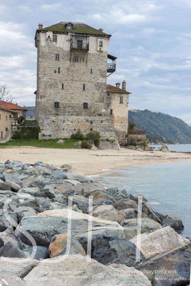 Medieval tower in Ouranopoli, Athos, Chalkidiki, Central Macedonia, Greece