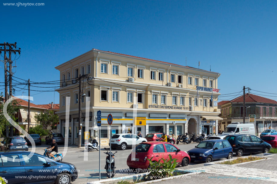 LEFKADA TOWN, GREECE JULY 17, 2014: Houses and street in Lefkada town, Ionian Islands, Greece