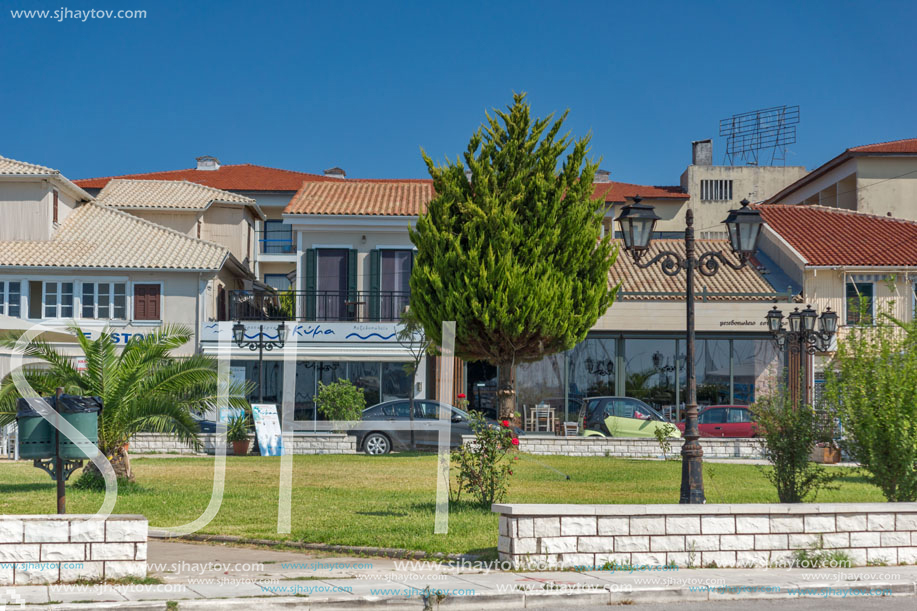 LEFKADA TOWN, GREECE JULY 17, 2014: Houses and street in Lefkada town, Ionian Islands, Greece