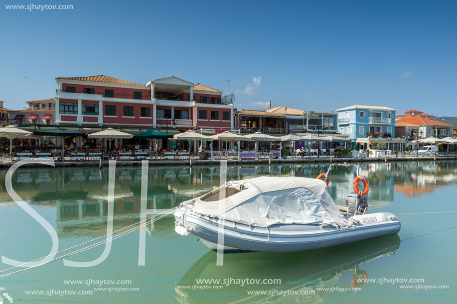 LEFKADA TOWN, GREECE JULY 17, 2014: Coastal street at Lefkada town, Ionian Islands, Greece