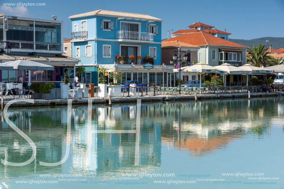 LEFKADA TOWN, GREECE JULY 17, 2014: Coastal street at Lefkada town, Ionian Islands, Greece