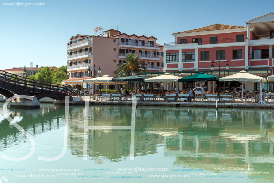 LEFKADA TOWN, GREECE JULY 17, 2014: Coastal street at Lefkada town, Ionian Islands, Greece