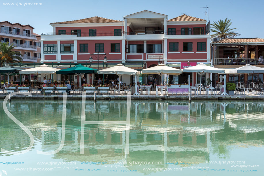 LEFKADA TOWN, GREECE JULY 17, 2014: Coastal street at Lefkada town, Ionian Islands, Greece