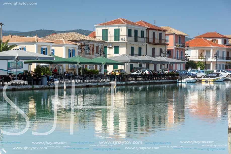 LEFKADA TOWN, GREECE JULY 17, 2014: Coastal street at Lefkada town, Ionian Islands, Greece