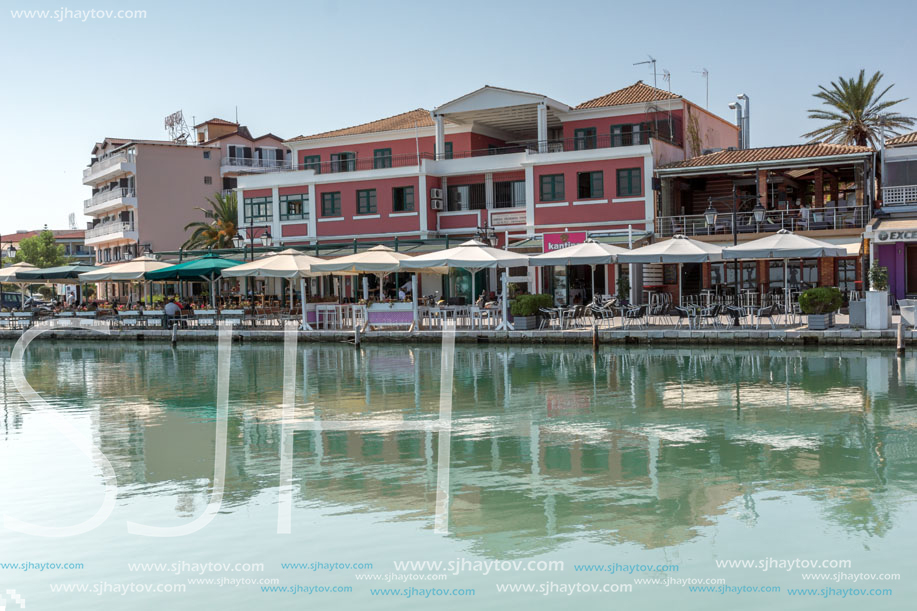 LEFKADA TOWN, GREECE JULY 17, 2014: Coastal street at Lefkada town, Ionian Islands, Greece
